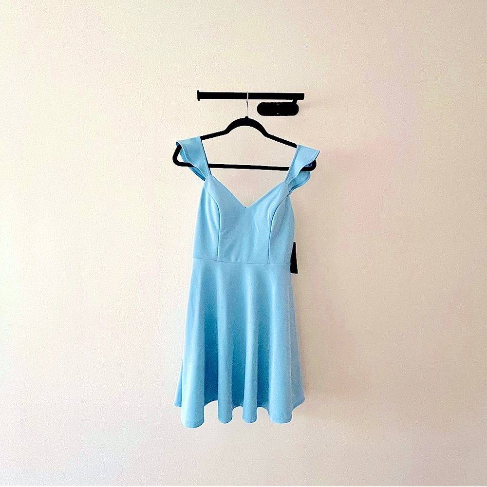 City Studio Flutter-Sleeve Lace-Back Fit-And-Flare Blue Dress